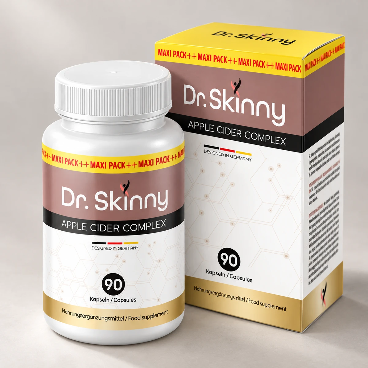 Dr. Skinny – flacone di capsule all'aceto di mele accanto alla confezione