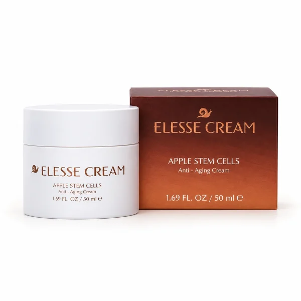 Elesse Cream – vasetto bianco da 50 ml accanto all'astuccio color rame