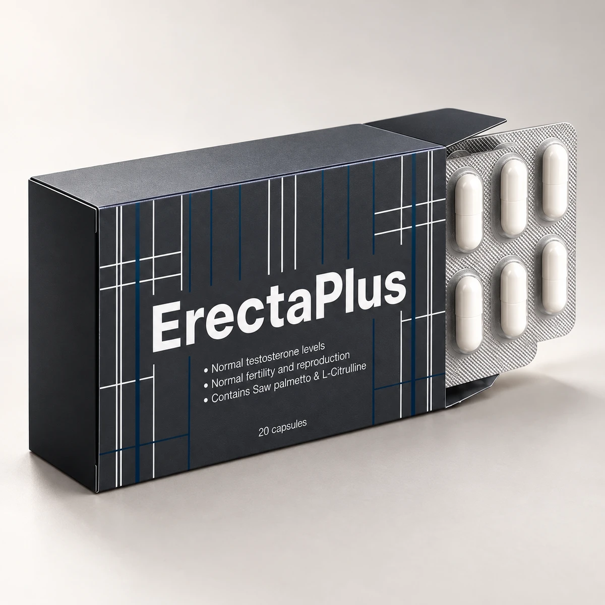 ErectaPlus – confezione grigio scuro vista di lato con capsule bianche