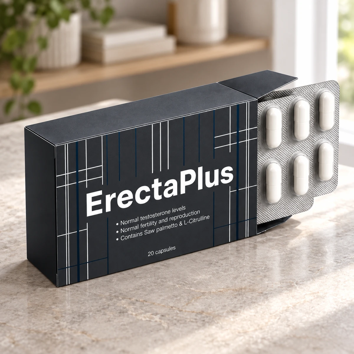 ErectaPlus – scatola di capsule su un piano in marmo
