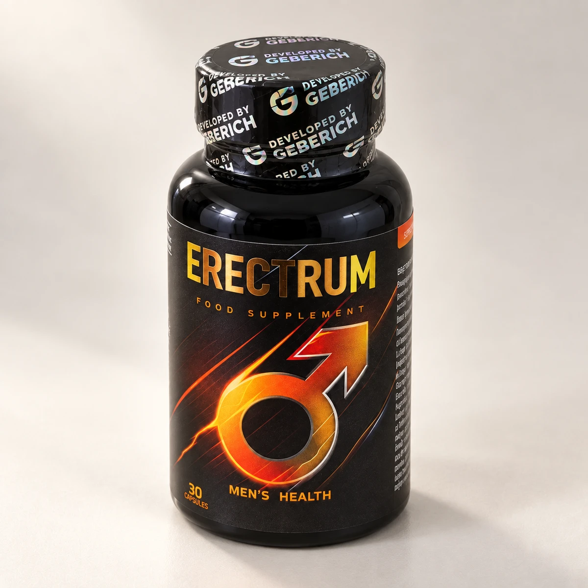 Erectrum – flacone nero con sigillo olografico visto di lato