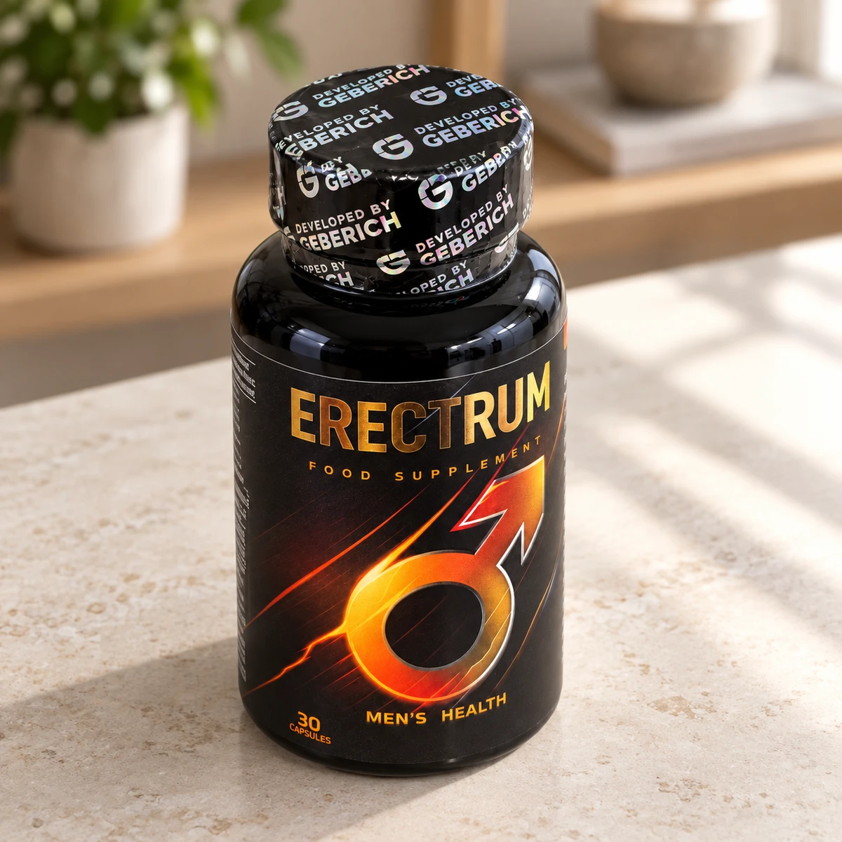 Erectrum – flacone di capsule su un piano in pietra alla luce del sole