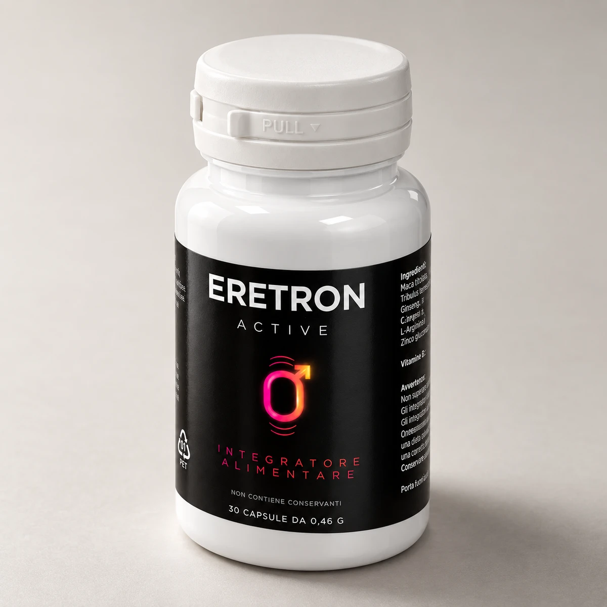 Eretron Aktiv – flacone di integratore visto di lato con tappo bianco