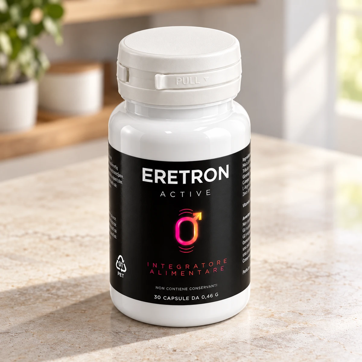 Eretron Aktiv – flacone di capsule su un piano in marmo vicino a una pianta