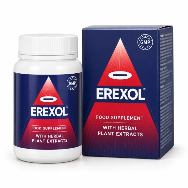 Erexol – barattolo di capsule accanto all'astuccio blu