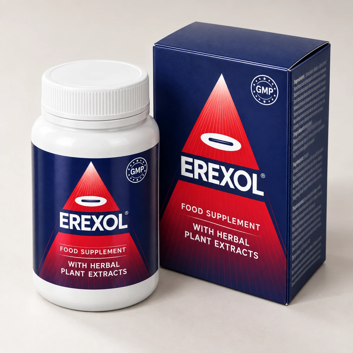 Erexol – barattolo e confezione con triangolo rosso visti di lato