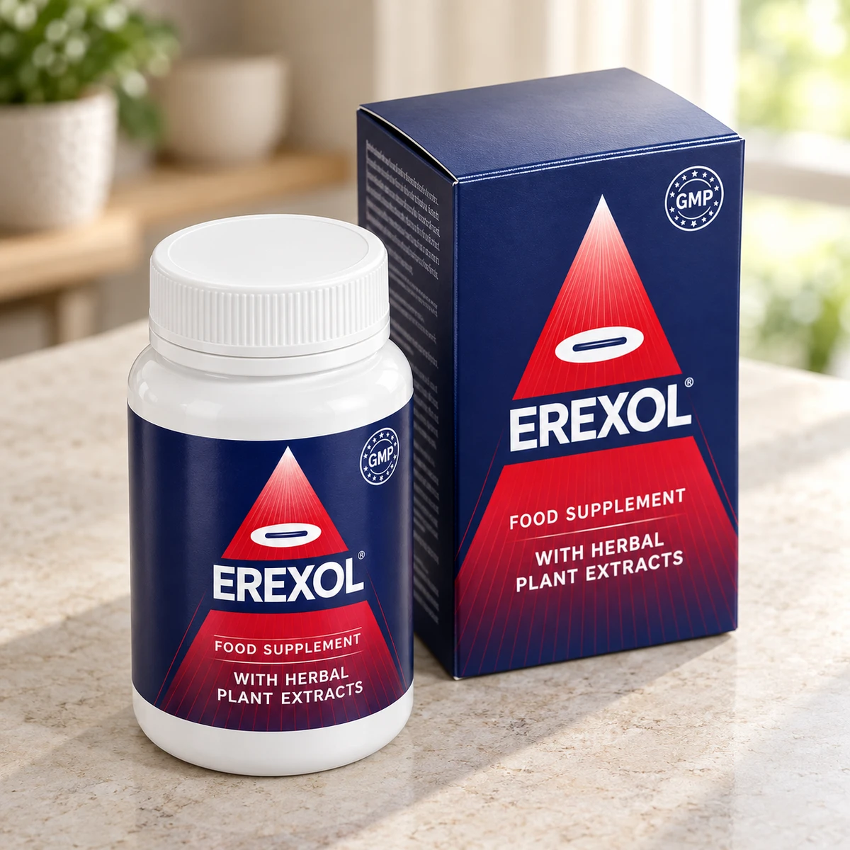Erexol – integratore in capsule su un piano in marmo vicino alla finestra