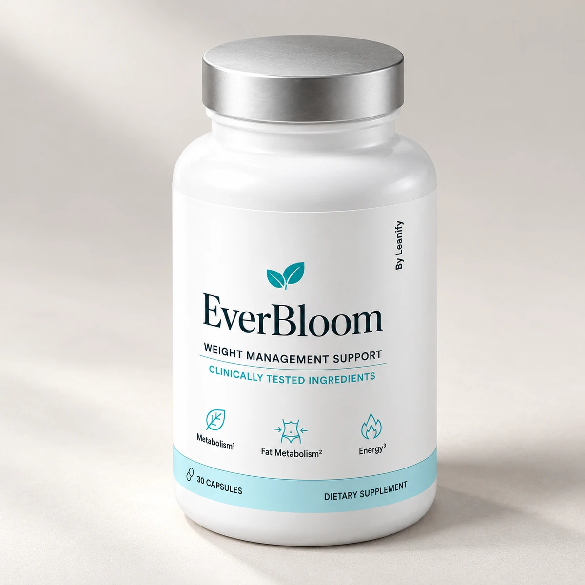 EverBloom – flacone bianco con tappo argentato visto di lato