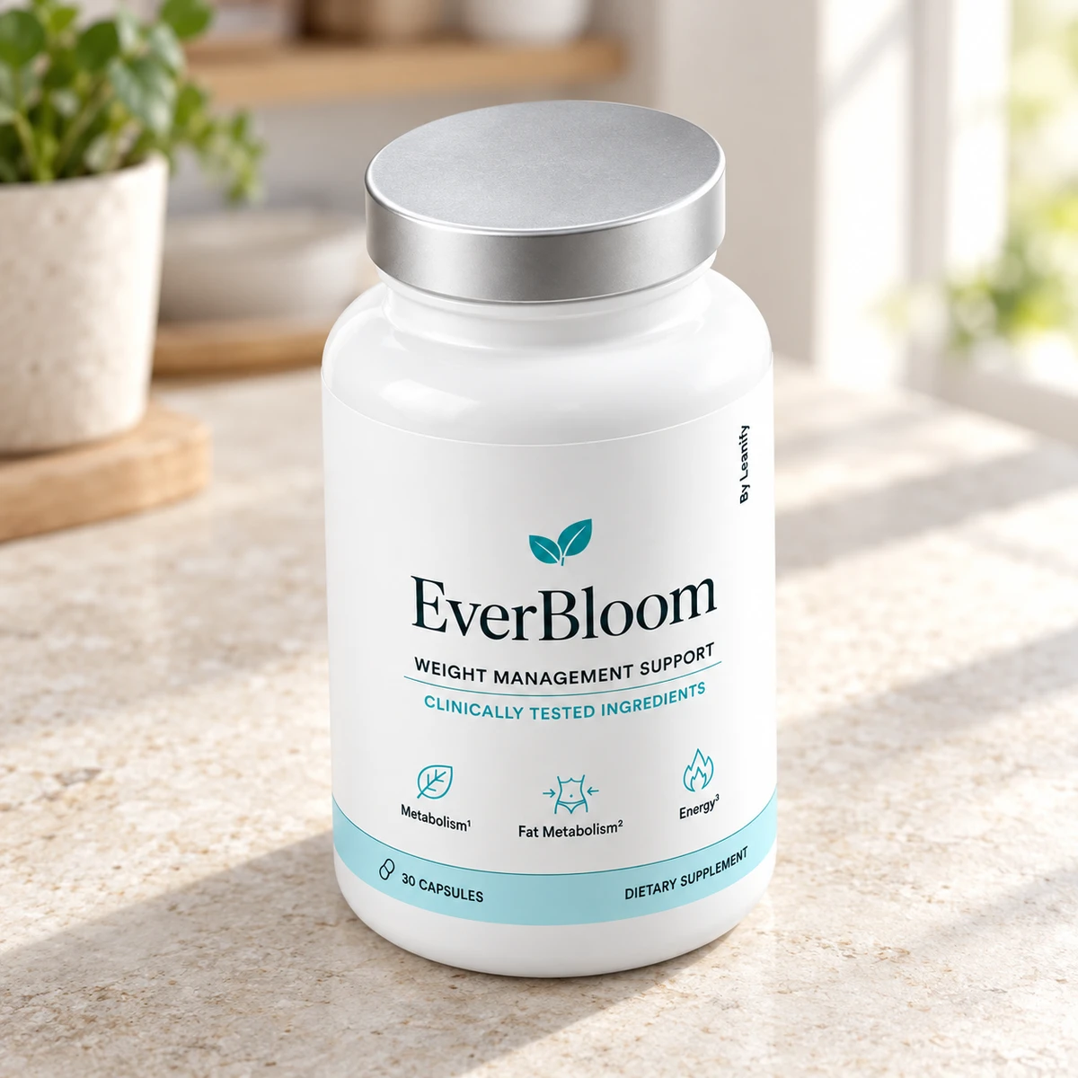 EverBloom – flacone di capsule su un piano di cucina accanto a una pianta