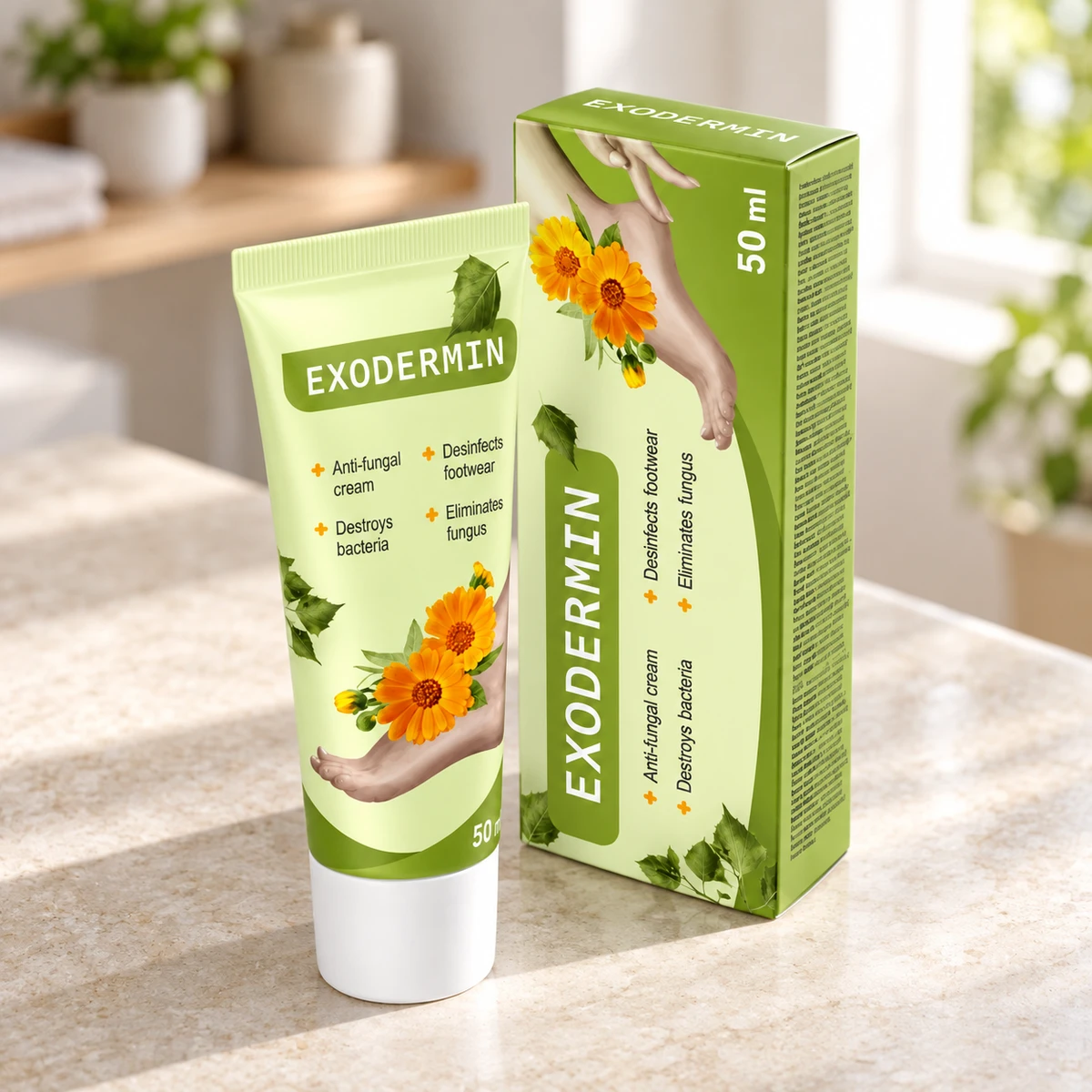 Exodermin – crema per piedi su un piano in marmo vicino alla finestra