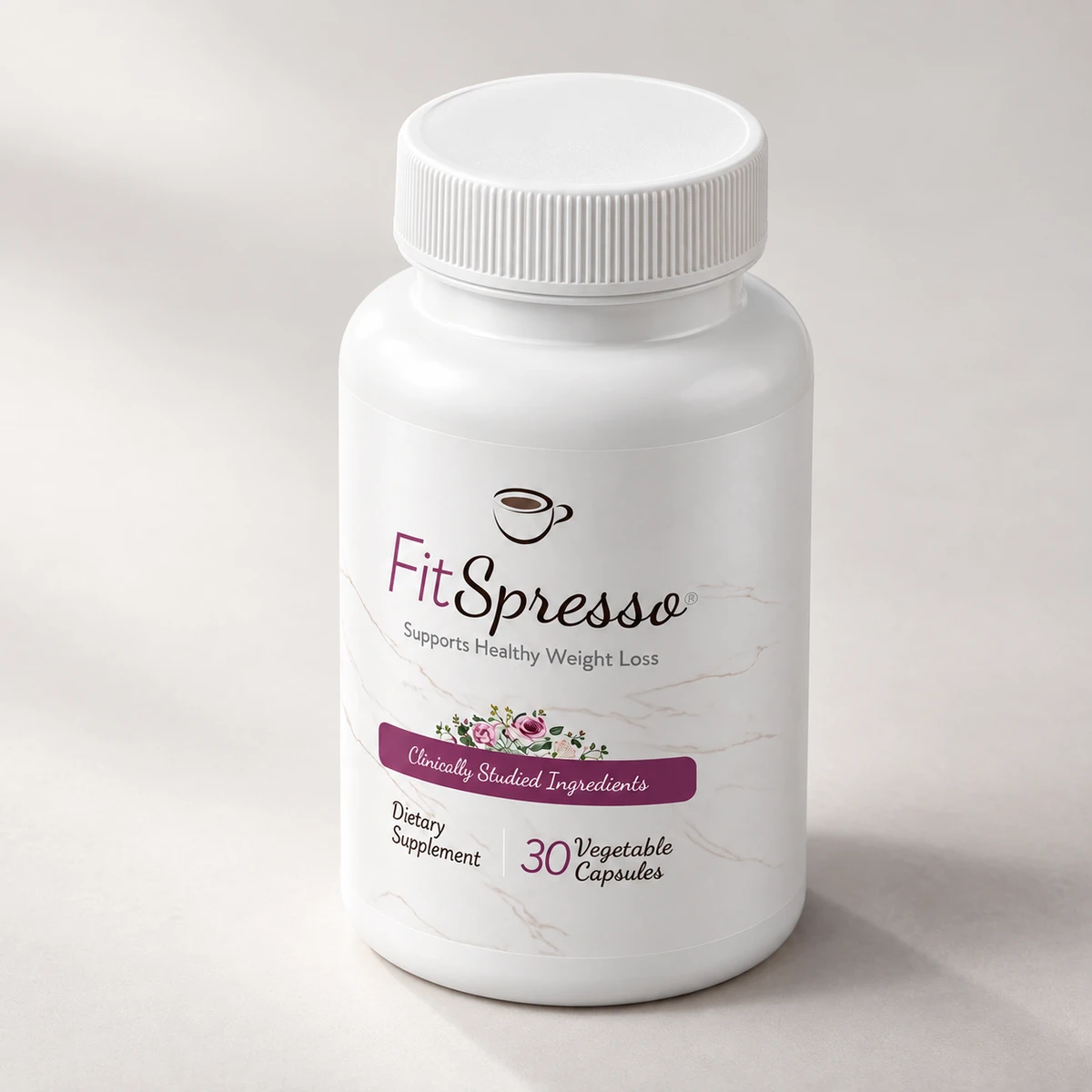 FitSpresso – flacone bianco con tazzina di caffè visto di lato