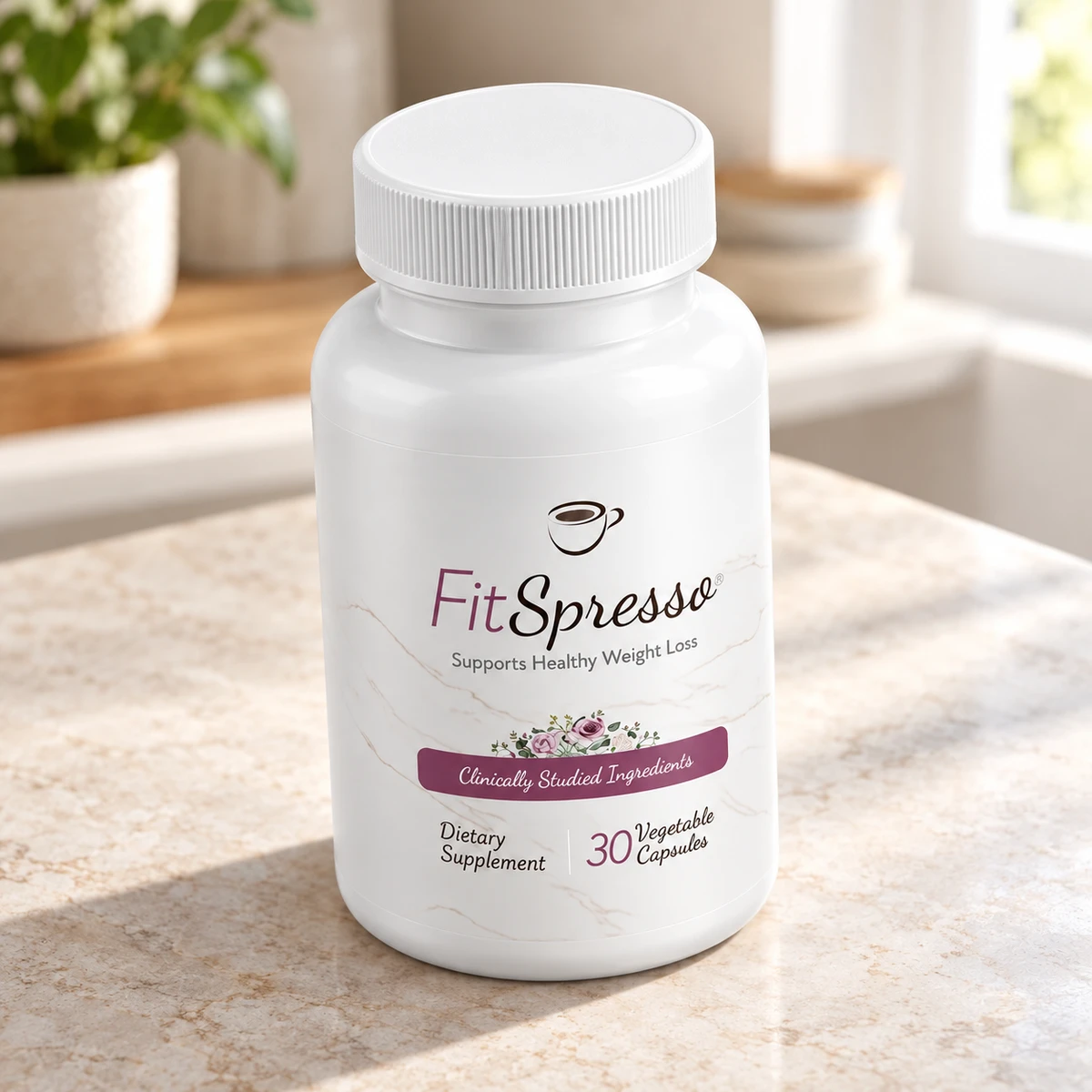 FitSpresso – flacone di capsule su un piano in marmo vicino alla finestra