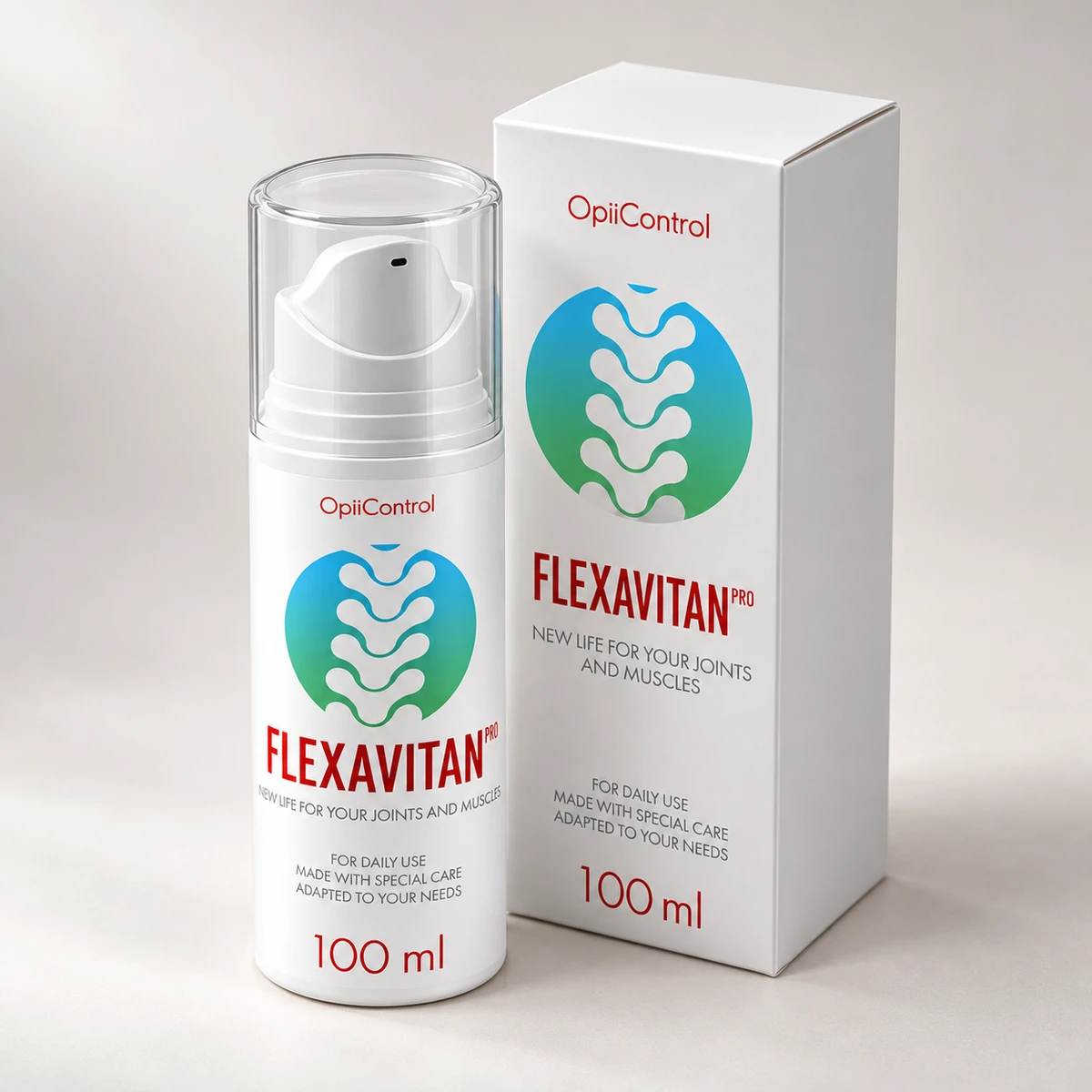 Flexavitan – flacone con pompa e confezione viste di tre quarti