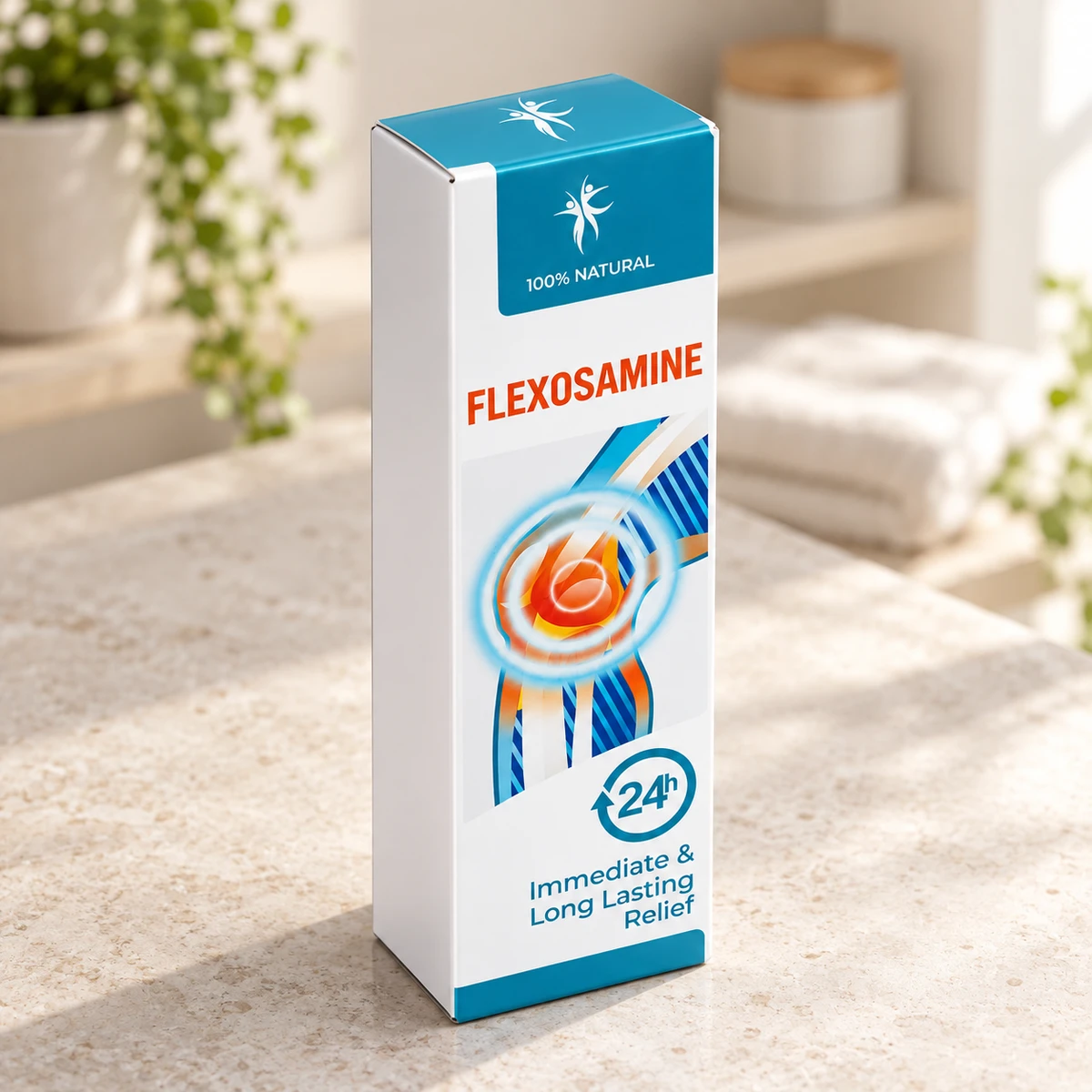 Flexosamine Gel – scatola del gel per articolazioni su un piano in pietra