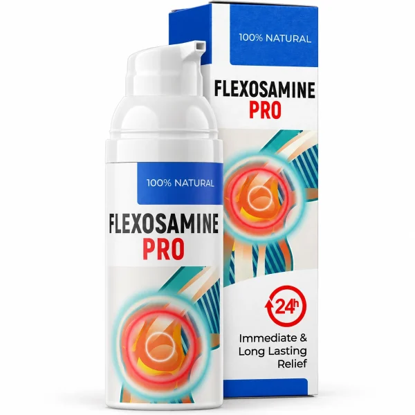 Flexosamine PRO – flacone airless con pompa accanto alla scatola blu