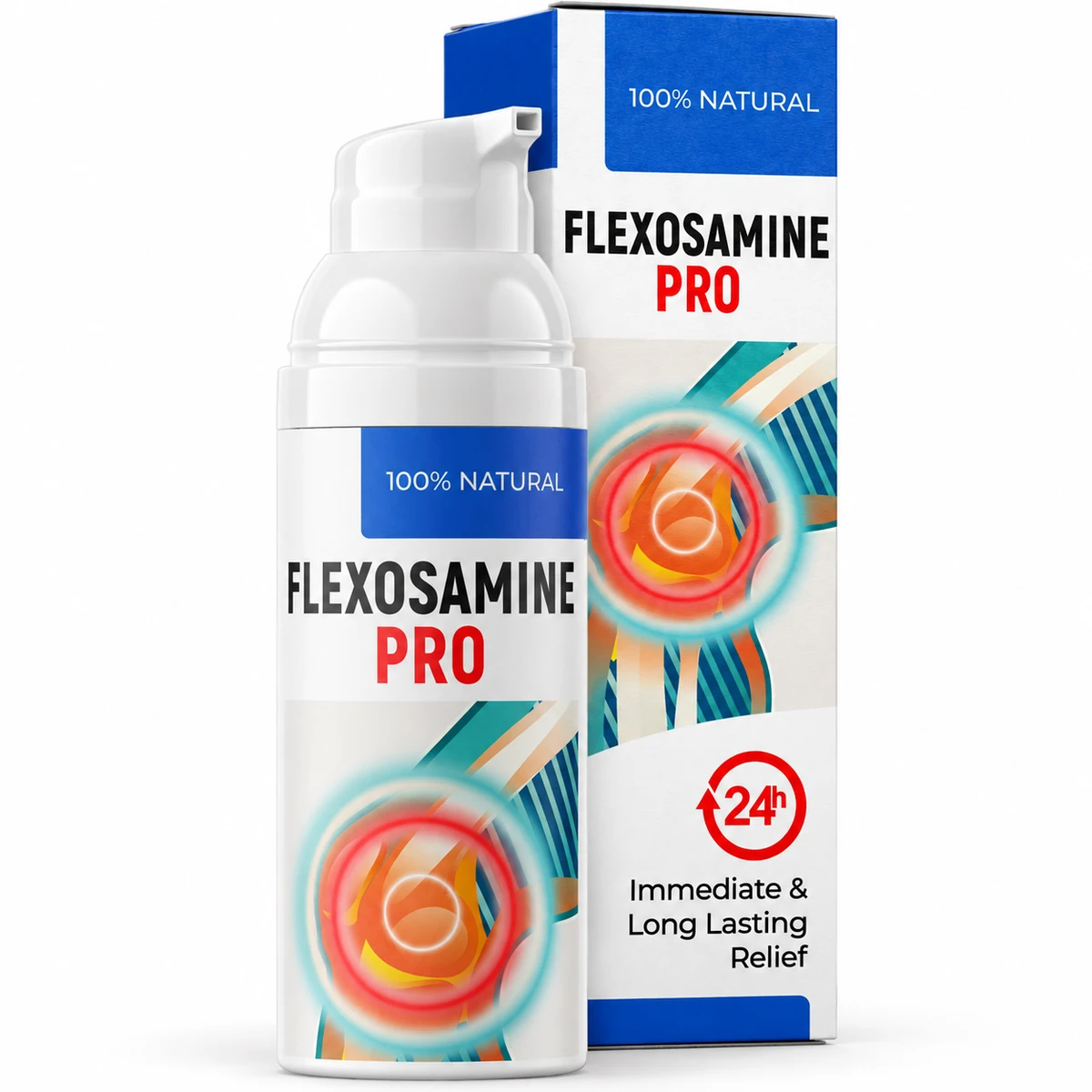 Flexosamine PRO – flacone airless con pompa accanto alla scatola blu