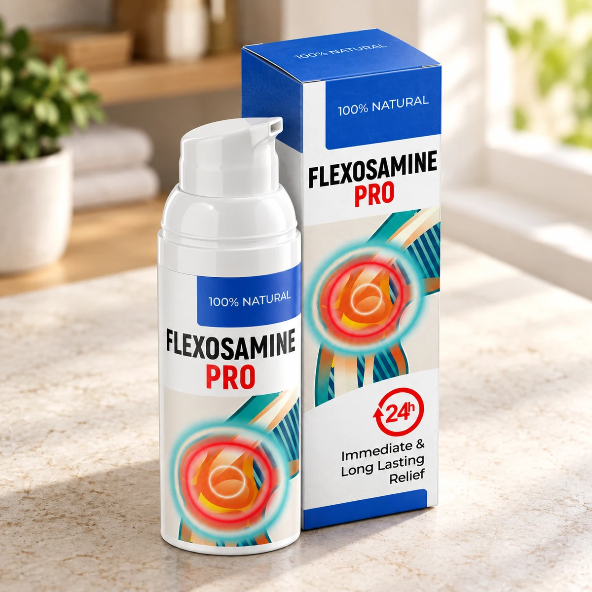 Flexosamine PRO – crema per articolazioni su un ripiano luminoso