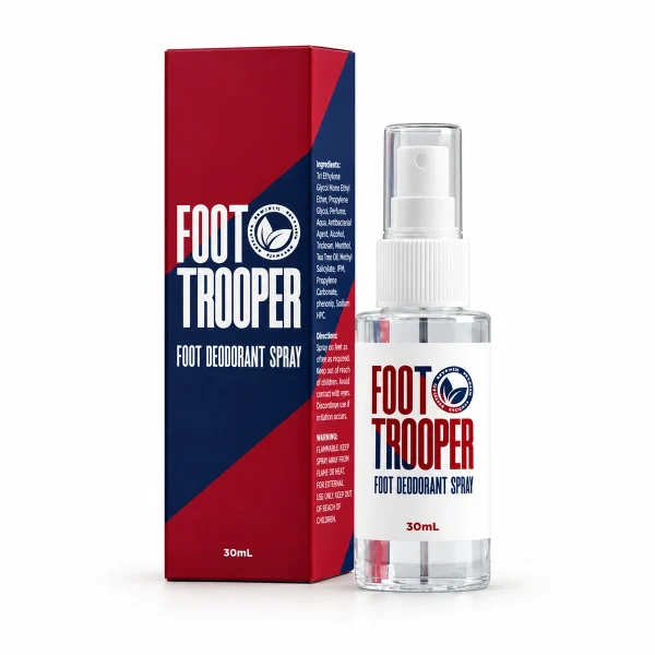 Foot Trooper – flacone spray da 30 ml davanti alla scatola rossa e blu