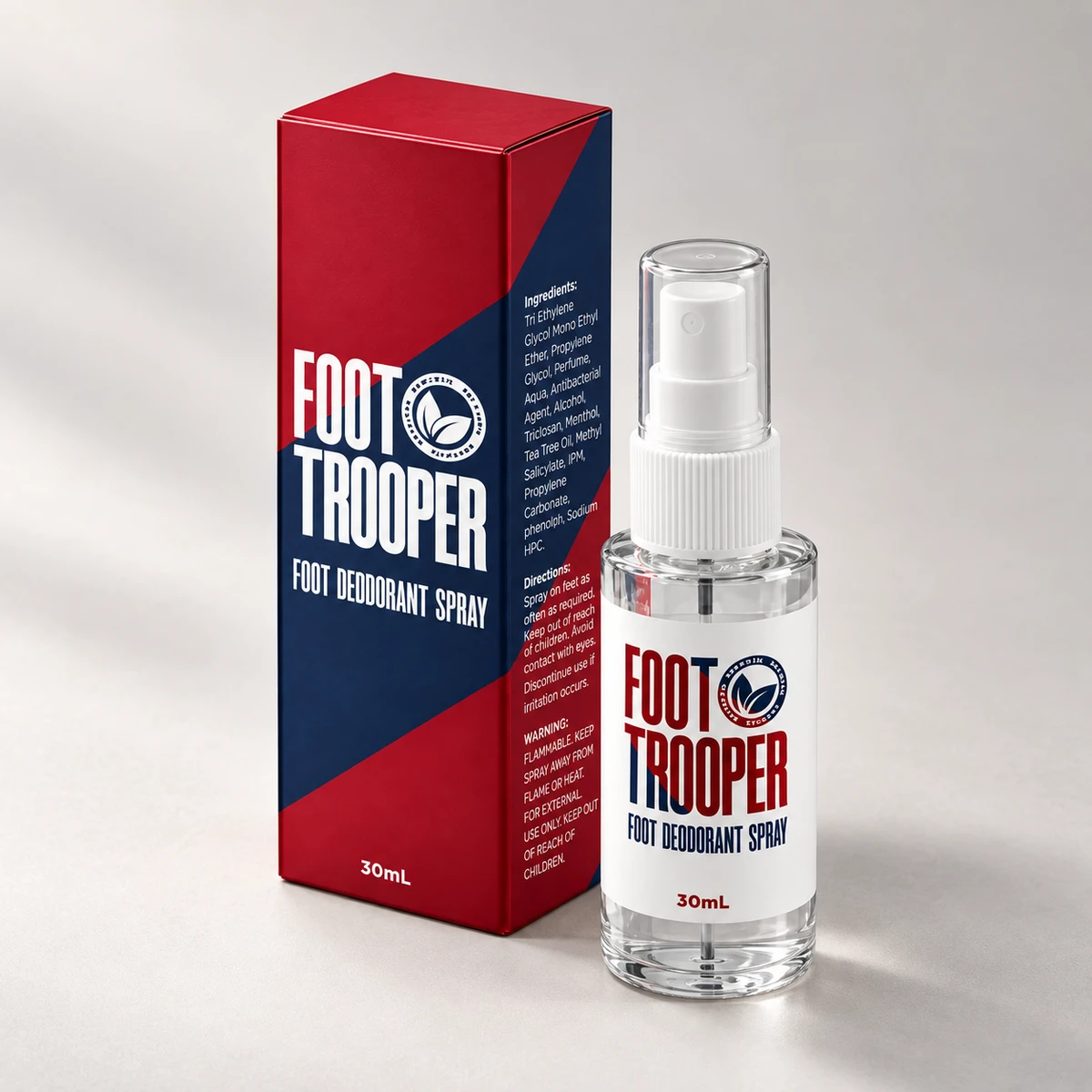 Foot Trooper – spray deodorante per piedi e confezione con lista ingredienti