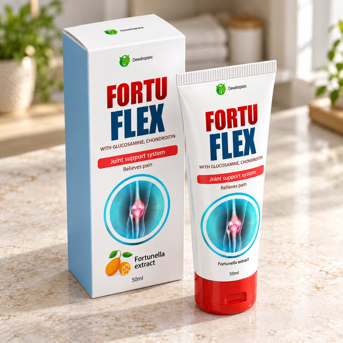 Fortuflex Cream – tubo e confezione su un piano in marmo