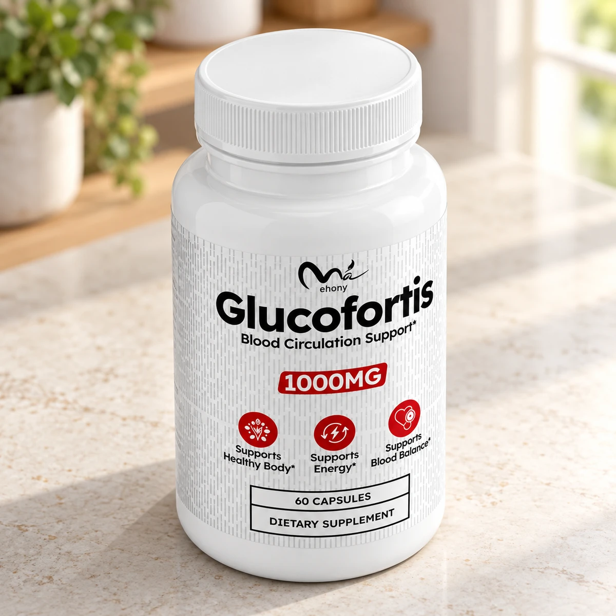 Glucofortis – integratore su un piano in pietra accanto a una pianta