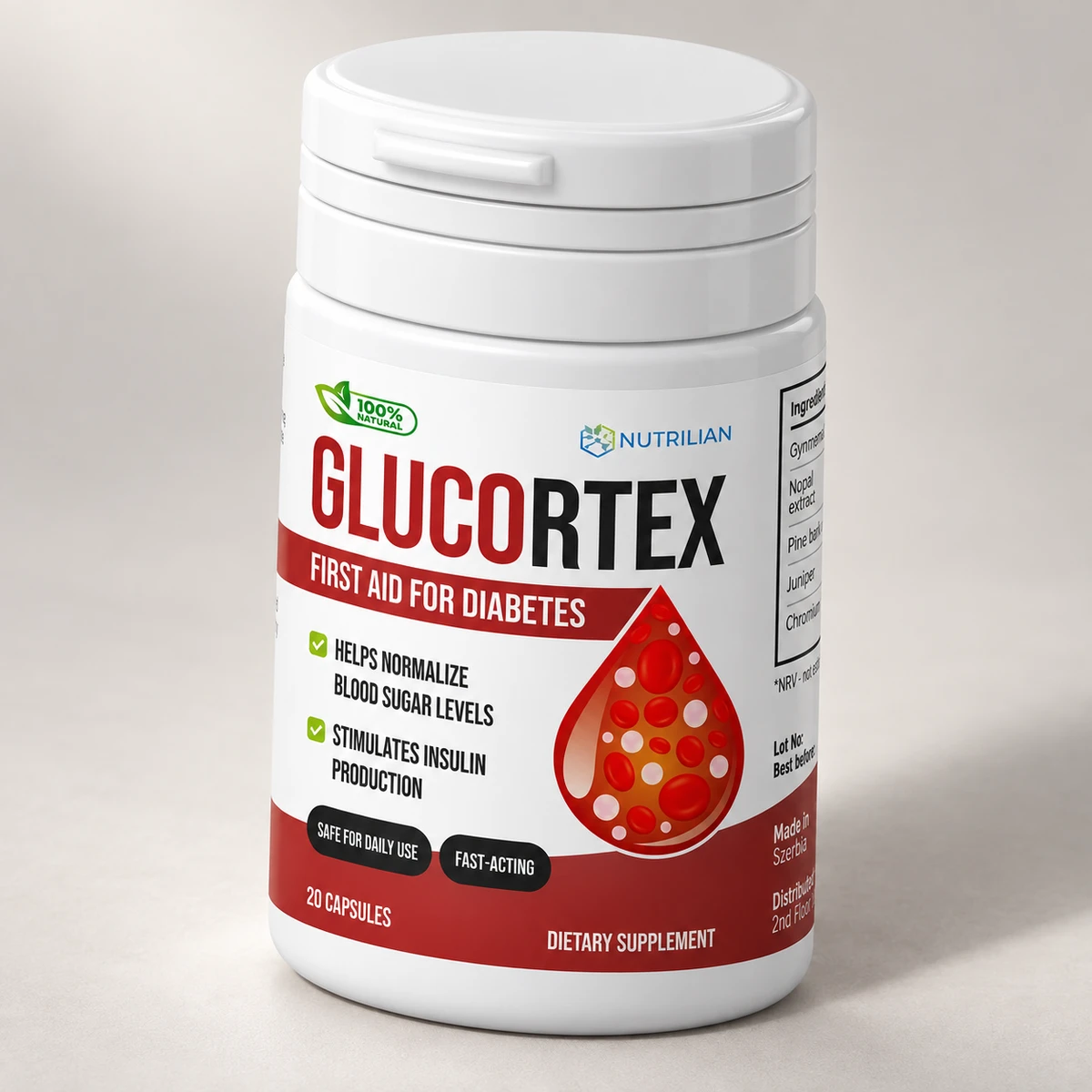 Glucortex – barattolo visto di lato con la tabella degli ingredienti