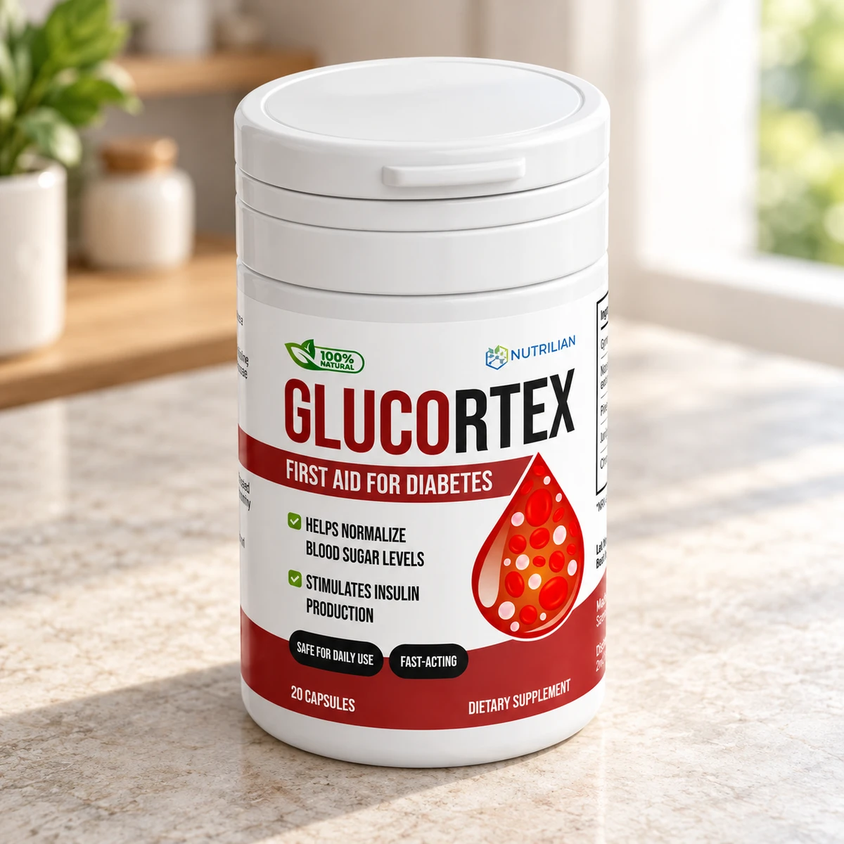 Glucortex – barattolo di capsule su un piano di marmo in cucina
