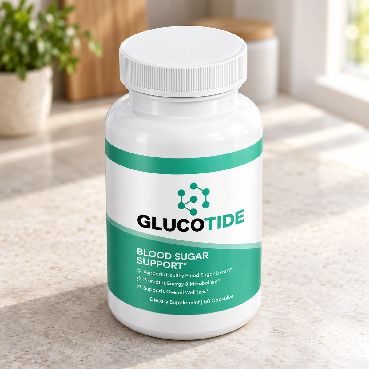 Glucotide – flacone sul piano della cucina vicino a una pianta