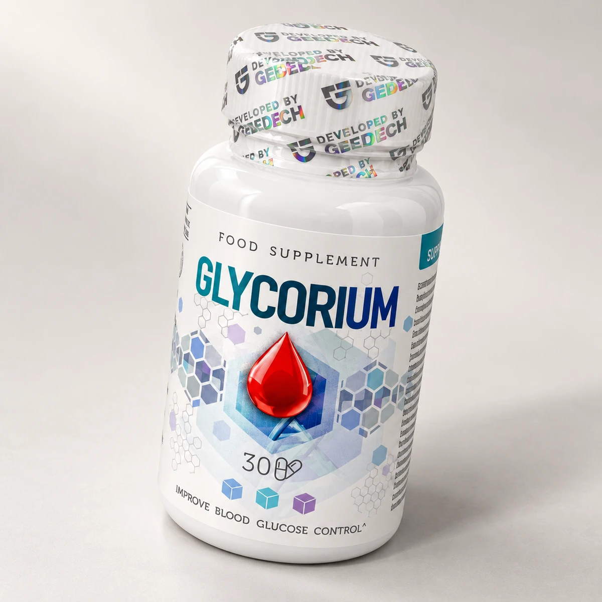 Glycorium – flacone inclinato con sigillo olografico sul tappo