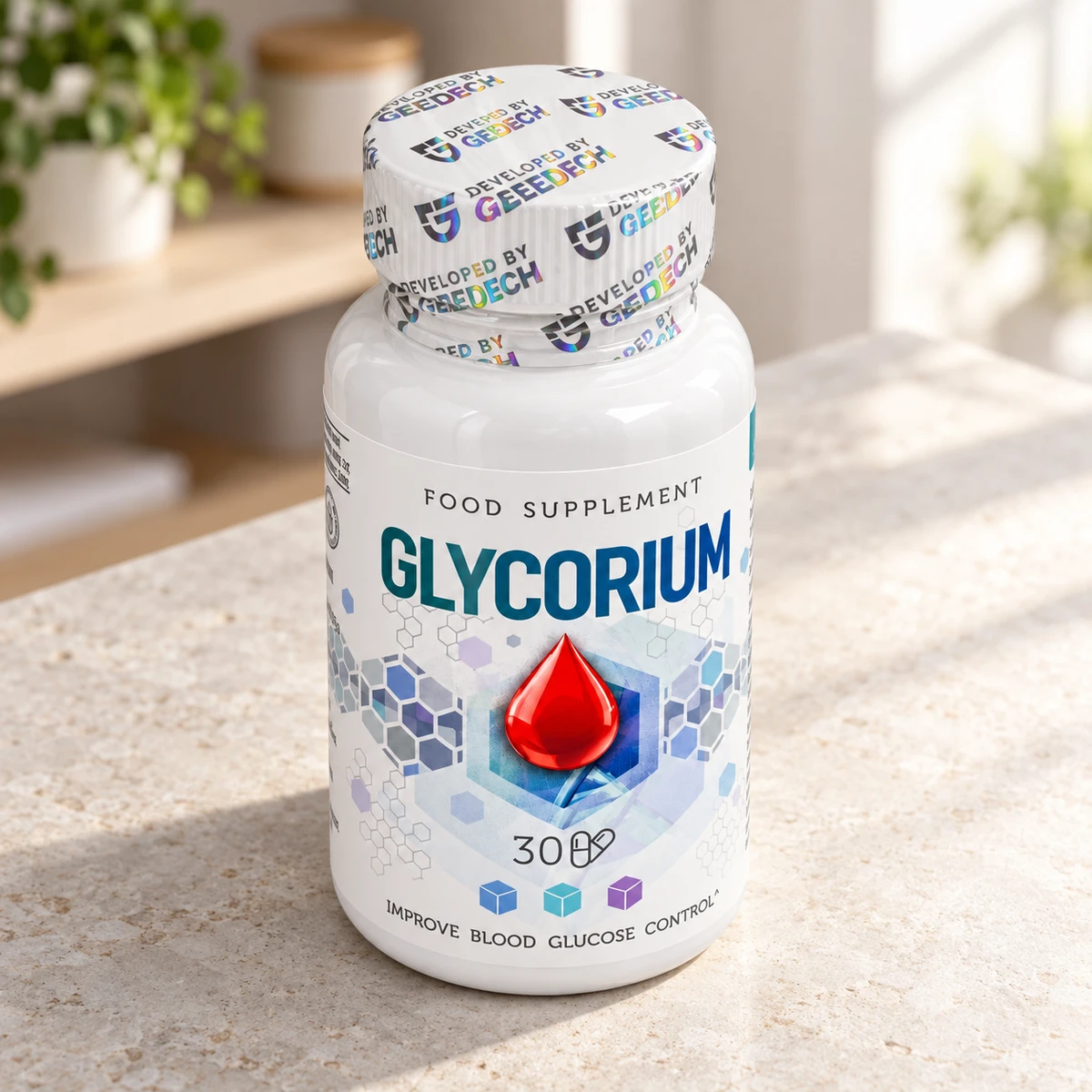 Glycorium – flacone di capsule su un piano di pietra in cucina