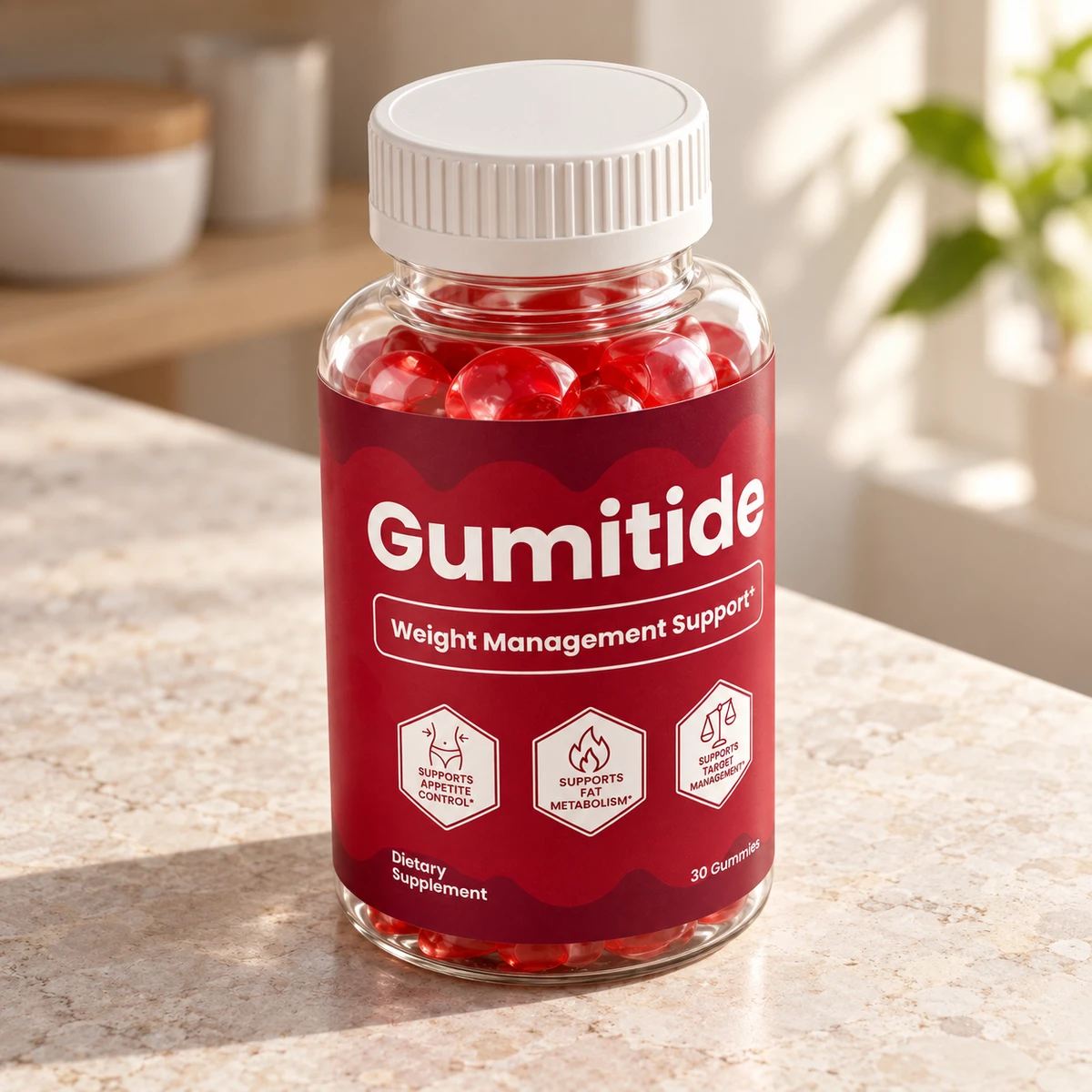Gumitide – barattolo di gommose su un piano in cucina alla luce del sole