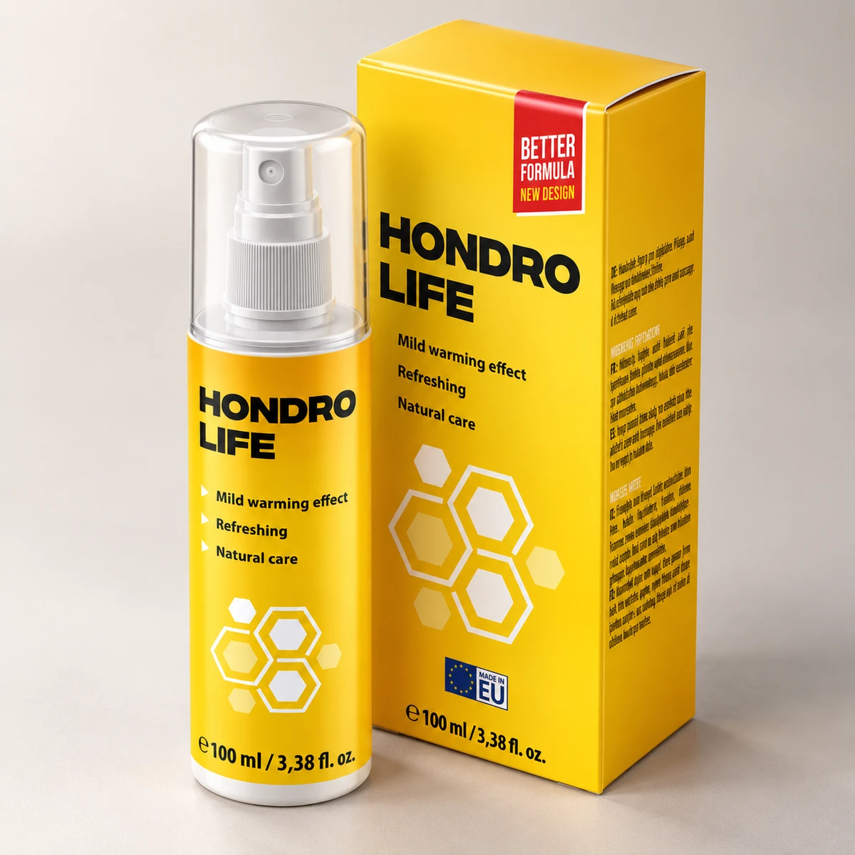 HondroLife – spray e scatola gialla visti di tre quarti