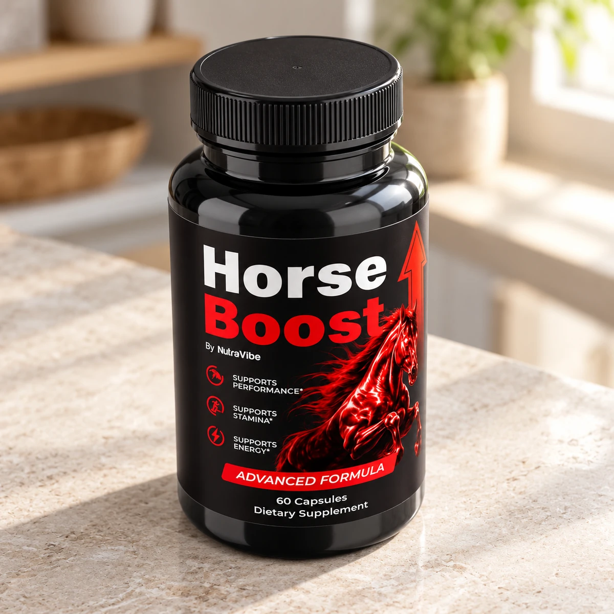 Horse Boost – flacone NutraVibe su un piano di pietra