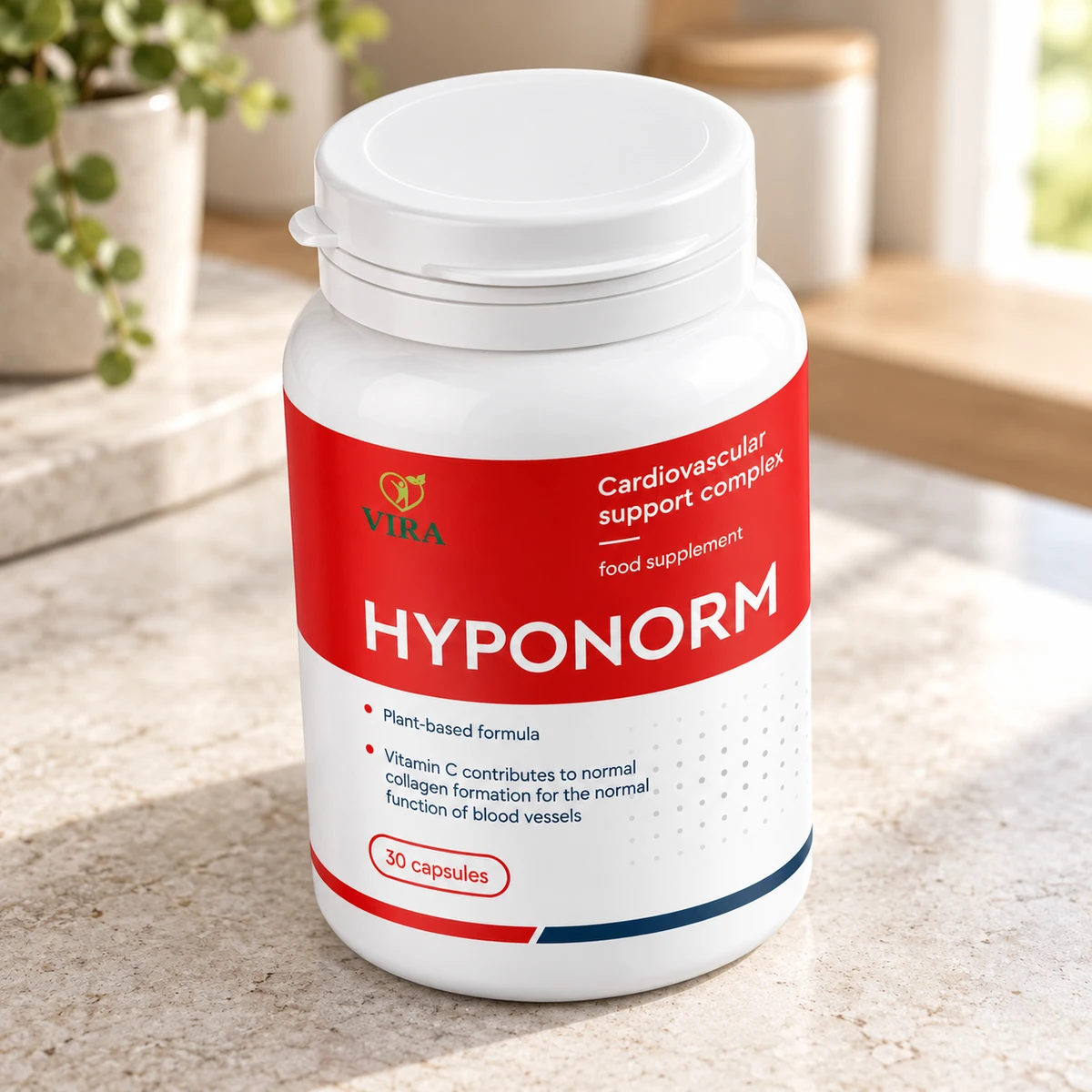 HypoNorm – barattolo di capsule su un piano in cucina accanto a una pianta