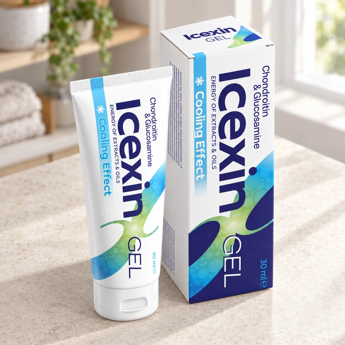 Icexin – gel per le articolazioni su un piano di marmo in bagno