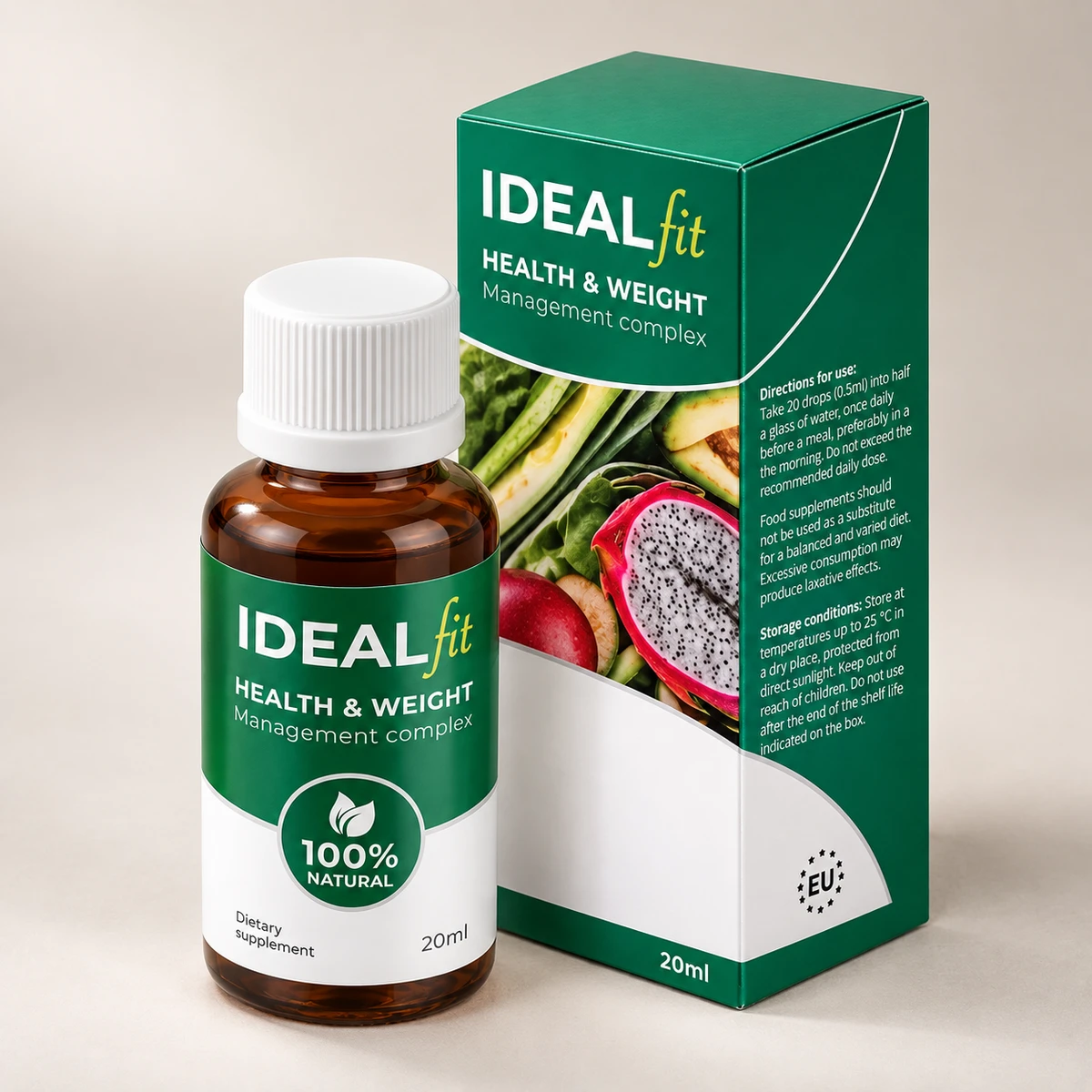 IdealFi – flacone ambrato e scatola con modo d'uso visti di lato