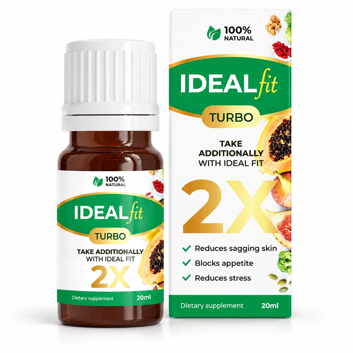 IdealFit Turbo – flacone di gocce da 20 ml con astuccio bianco e verde