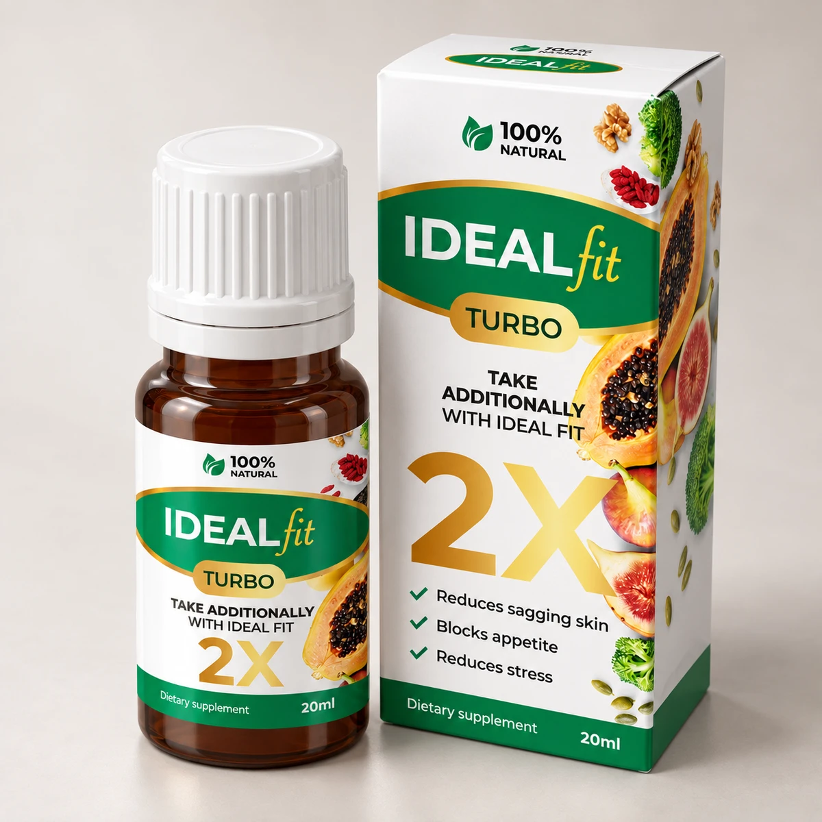 IdealFit Turbo – flacone e scatola con frutta visti di tre quarti
