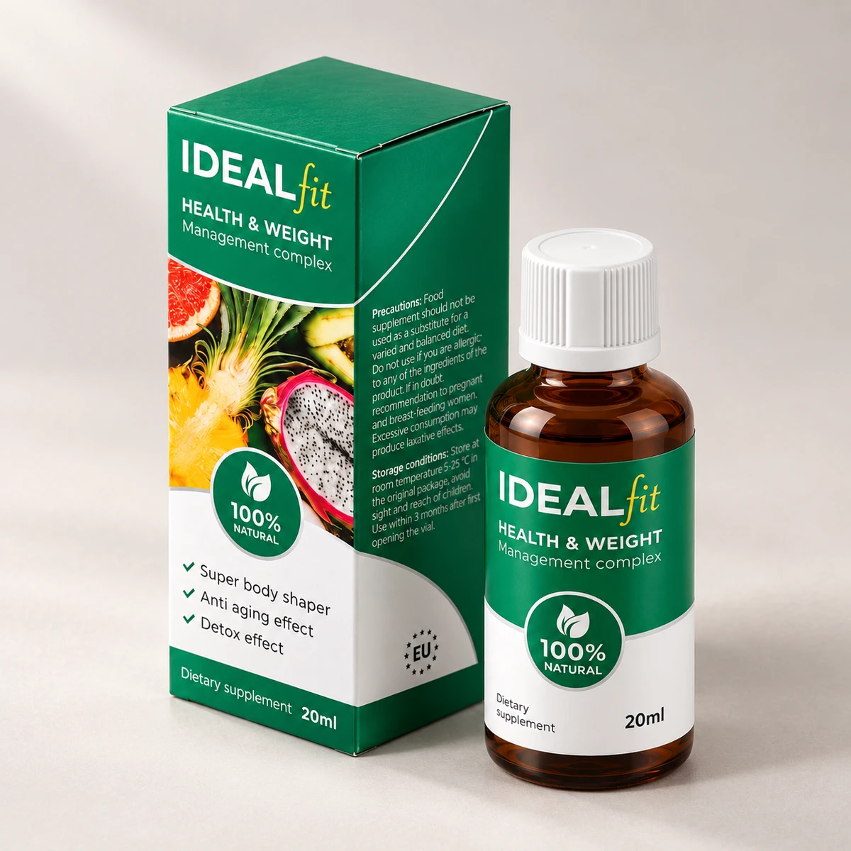 IdealFit – scatola con frutta tropicale e flacone visti di tre quarti