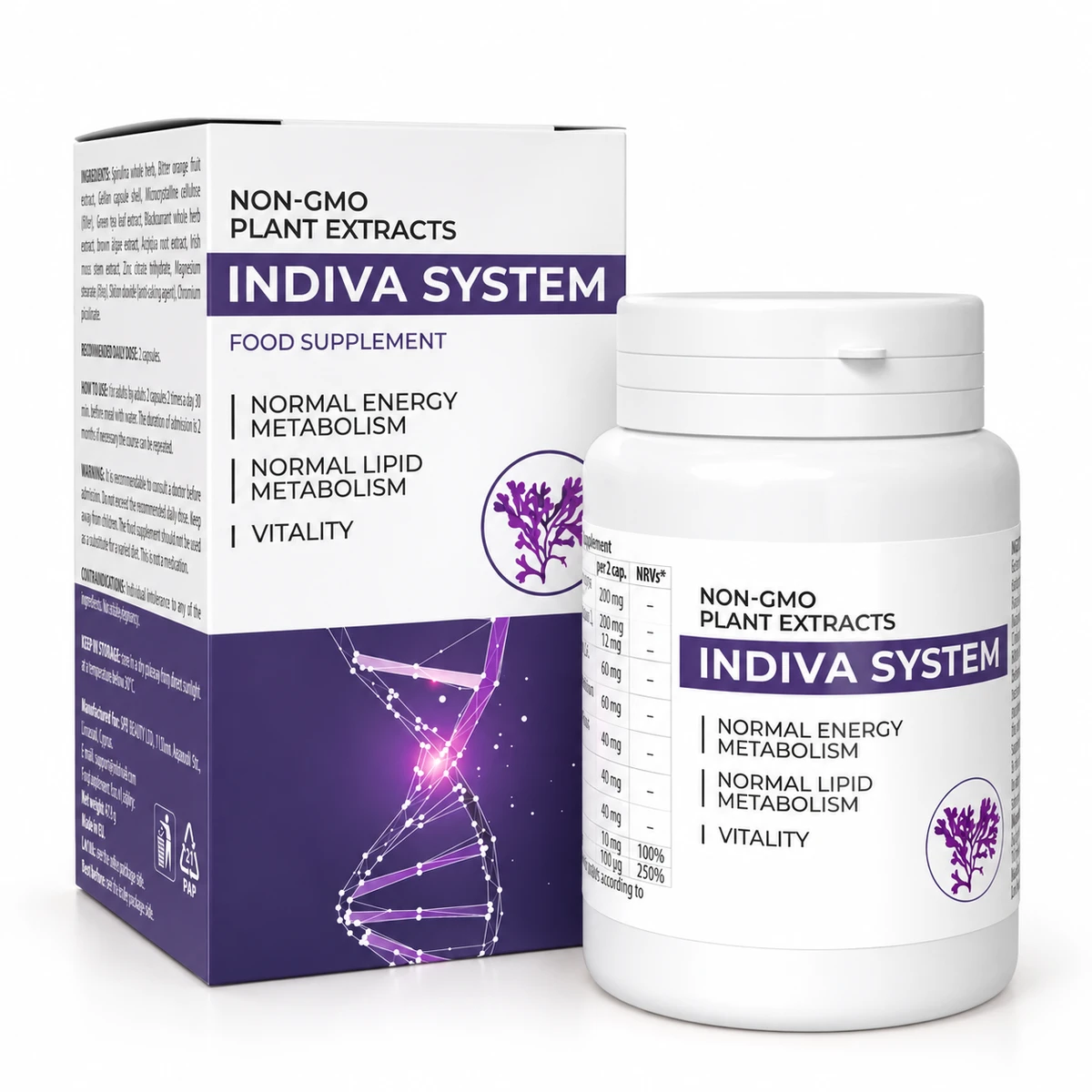 InDiva System – barattolo di capsule con astuccio bianco e viola