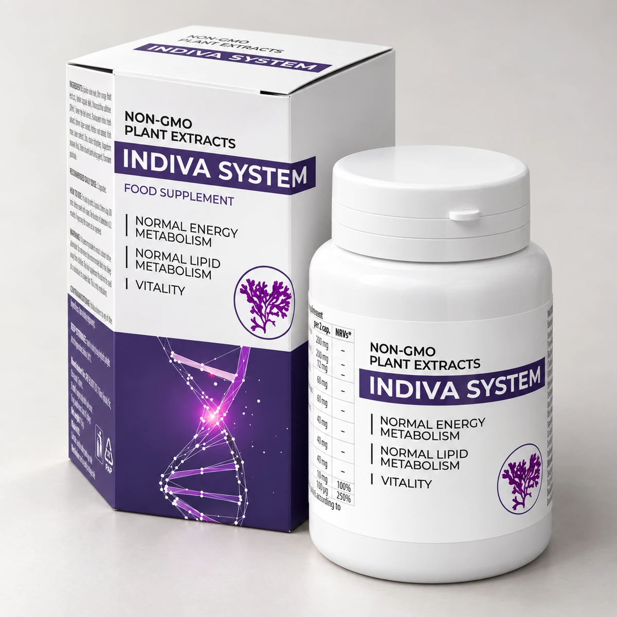 InDiva System – scatola con elica di DNA e barattolo visti di tre quarti